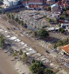 An aerial view from an aircraft of the tsunami-hit Pangandaran beach